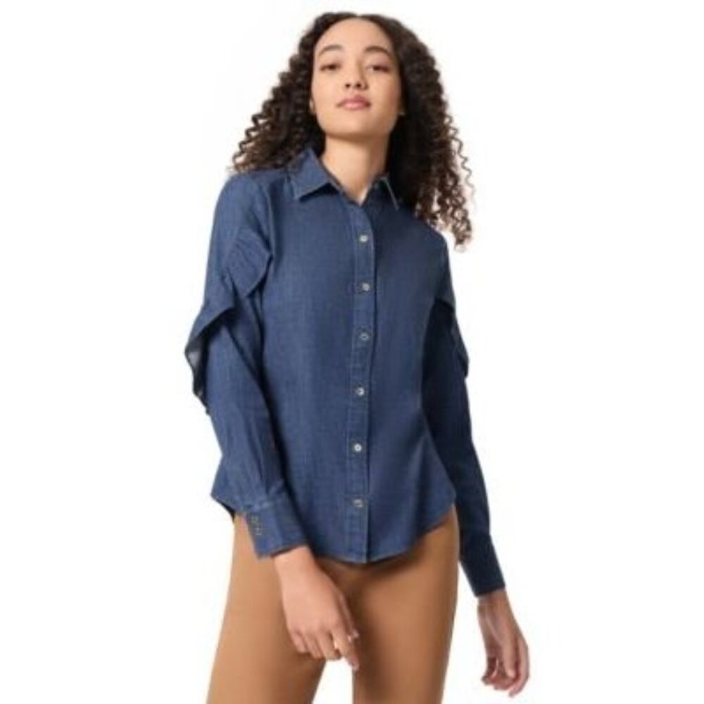 Jones New York Womens Ruffled-Sleeve Button-Up Long Sleeve Shirt DarkWash XL NWT